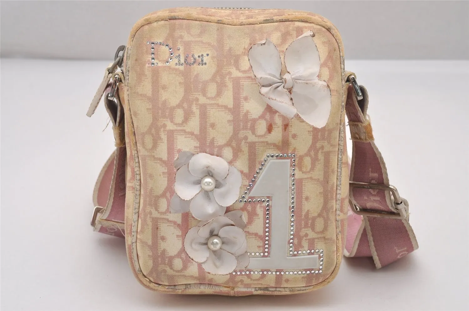 Auth Christian Dior Trotter Flower No.1 Shoulder Bag Canvas Enamel Pink 6850I