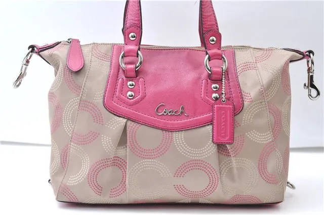 Auth COACH Ashley Dotted Op Art Satchel 2Way Hand Bag Canvas Leather Beige 6855E