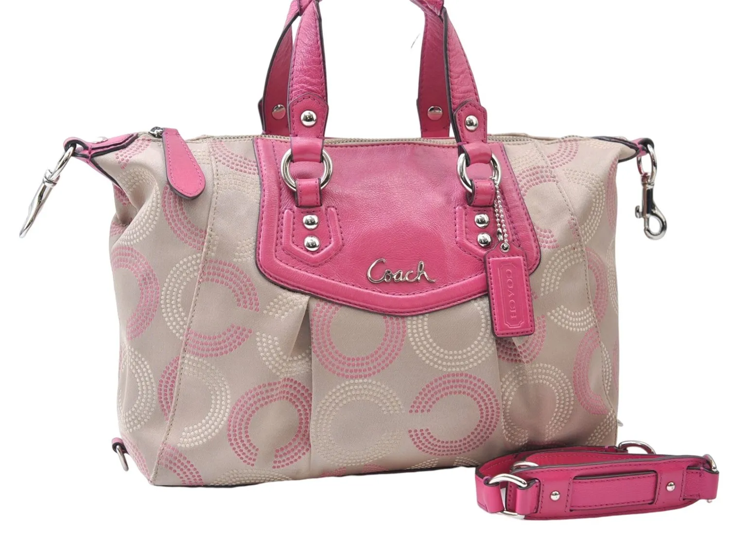 Auth COACH Ashley Dotted Op Art Satchel 2Way Hand Bag Canvas Leather Beige 6855E