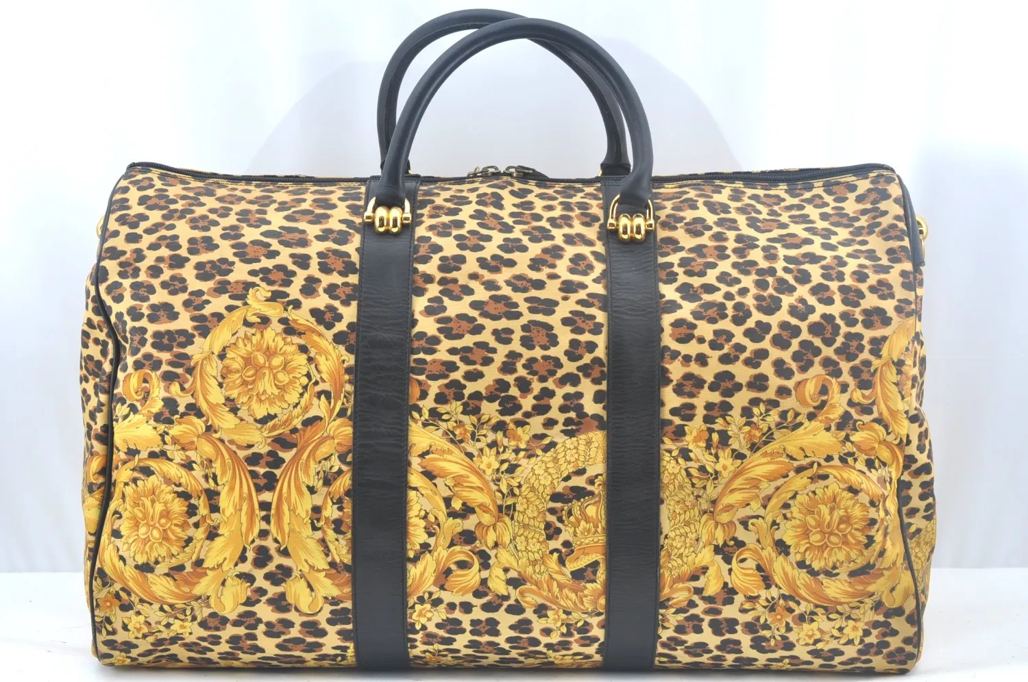 Auth Gianni Versace Sunburst Flower Leopard Nylon PVC Leather Boston Bag L0082