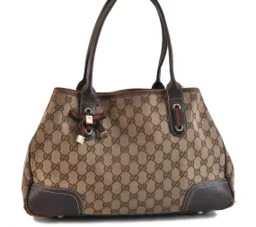 Auth GUCCI Web Sherry Line Princy Ribbon Tote Bag GG Canvas 163805 Brown 3868C