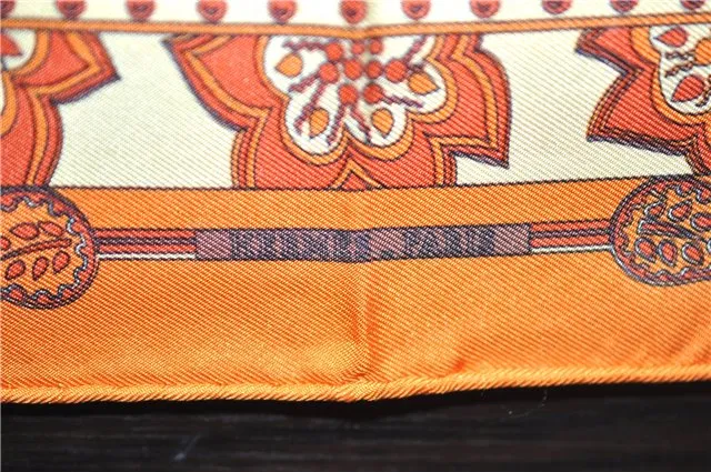 Auth HERMES Petit Carre 40 Scarf Handkerchief Plants Pattern Silk Orange 9633D