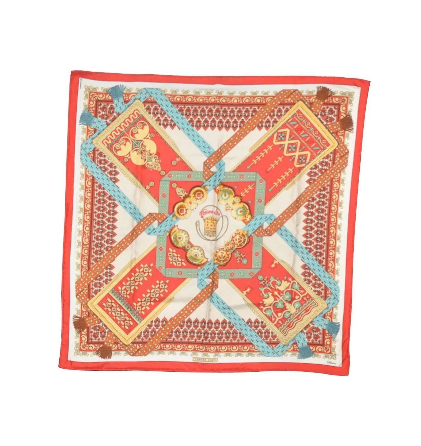 Auth HERMES Petit Carre 40 Scarf Handkerchief "Brins d'or" Silk Red Box 6230C