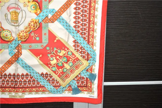 Auth HERMES Petit Carre 40 Scarf Handkerchief "Brins d'or" Silk Red Box 6230C