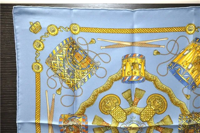 Auth HERMES Petit Carre 40 Scarf Handkerchief "LES TAMBOURS" Silk Blue 9521C