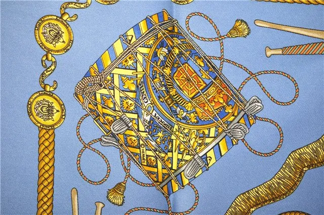 Auth HERMES Petit Carre 40 Scarf Handkerchief "LES TAMBOURS" Silk Blue 9521C