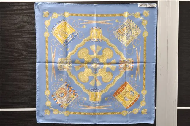 Auth HERMES Petit Carre 40 Scarf Handkerchief "LES TAMBOURS" Silk Blue 9521C