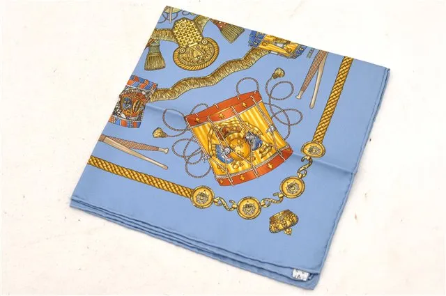 Auth HERMES Petit Carre 40 Scarf Handkerchief "LES TAMBOURS" Silk Blue 9521C