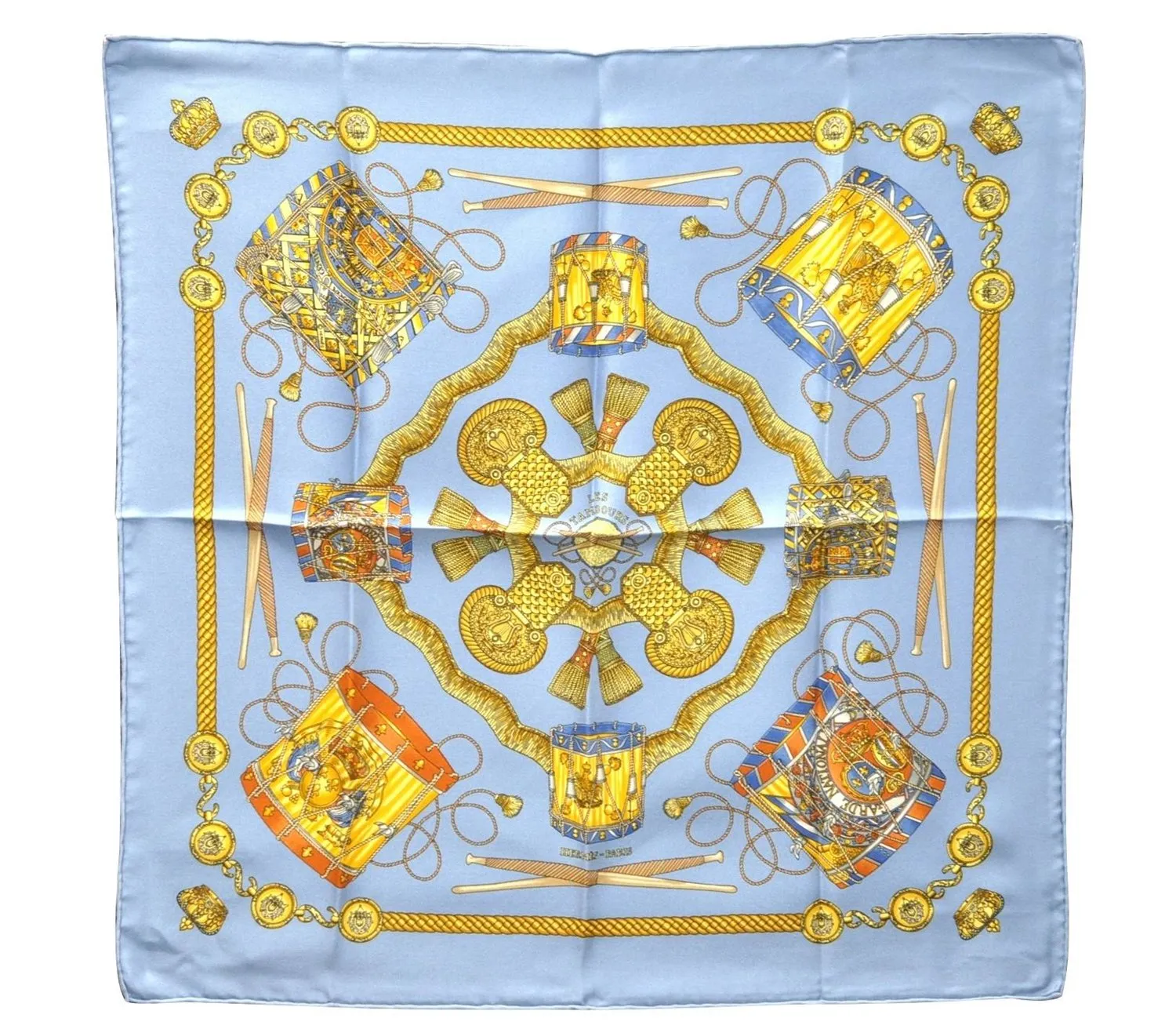 Auth HERMES Petit Carre 40 Scarf Handkerchief "LES TAMBOURS" Silk Blue 9521C