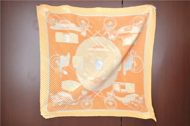 Auth HERMES Pleats Scarf "LES VOITURES A TRANSFORMATION" Silk Yellow Box J1799