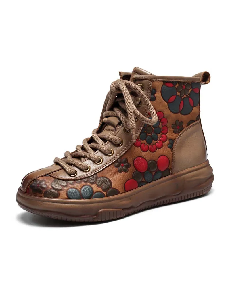 Autumn Flower Print Comfortable Flat Retro Boots