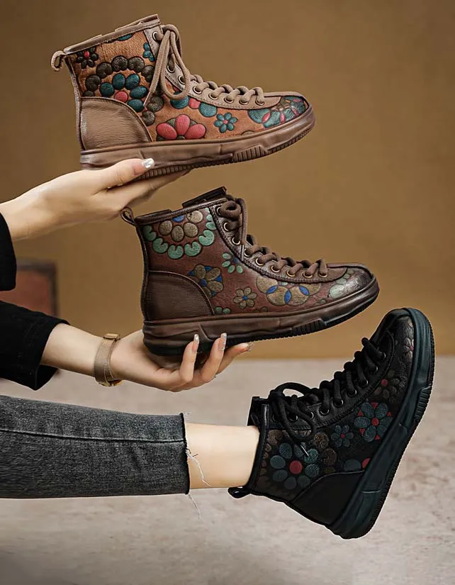 Autumn Flower Print Comfortable Flat Retro Boots