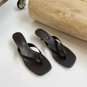 Calfskin 45mm Kitty Heel Flip-flops Slippers in Black/Coffee