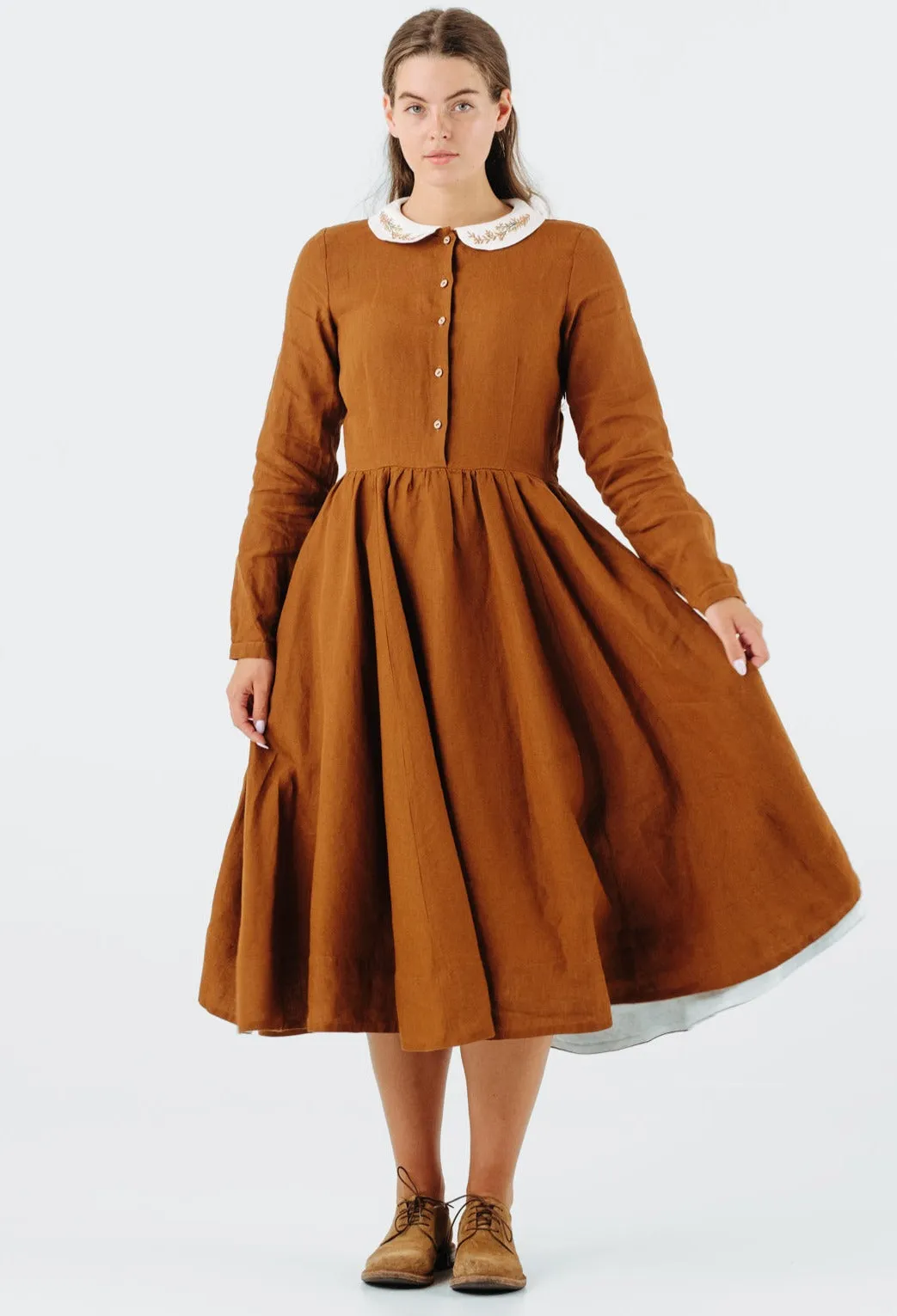 Classic Dress with Embroidered Golden Fields Collar, Long Sleeve