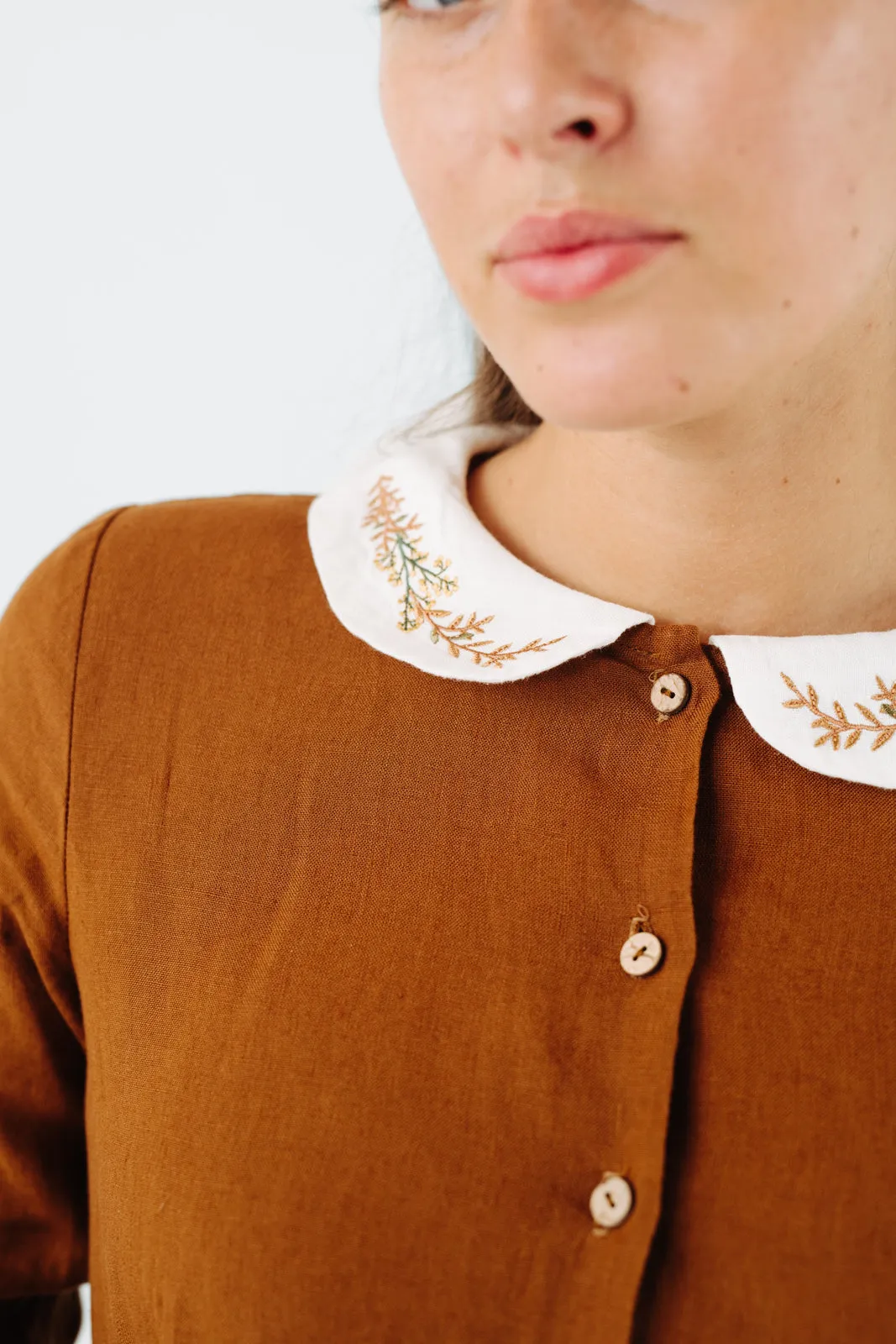 Classic Dress with Embroidered Golden Fields Collar, Long Sleeve