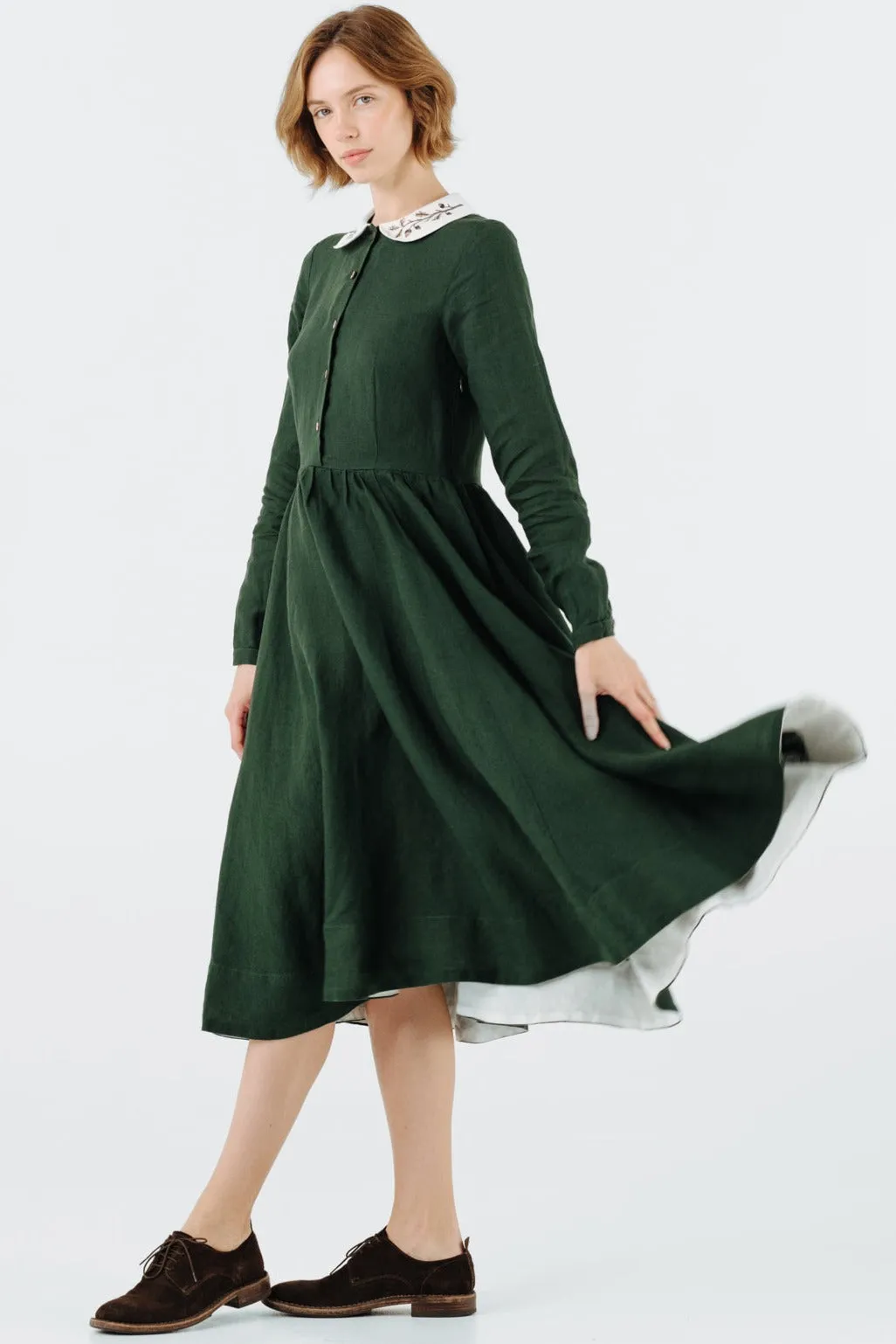 Classic Dress with Embroidered Hazelnut Collar, Long Sleeve