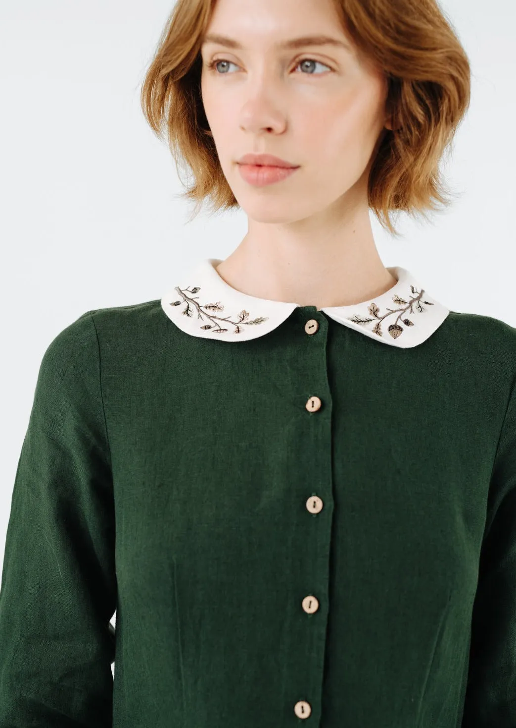 Classic Dress with Embroidered Hazelnut Collar, Long Sleeve