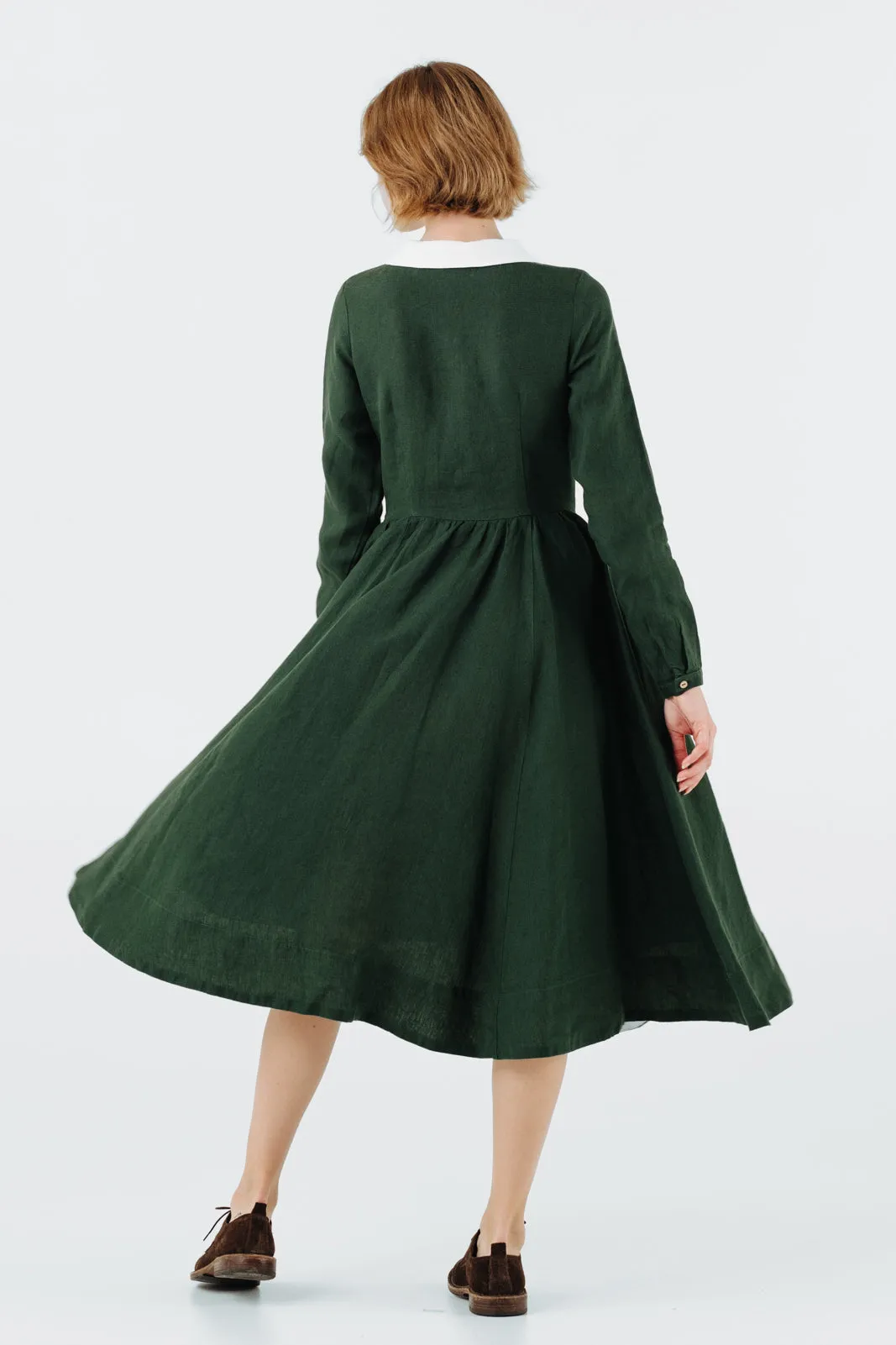 Classic Dress with Embroidered Hazelnut Collar, Long Sleeve