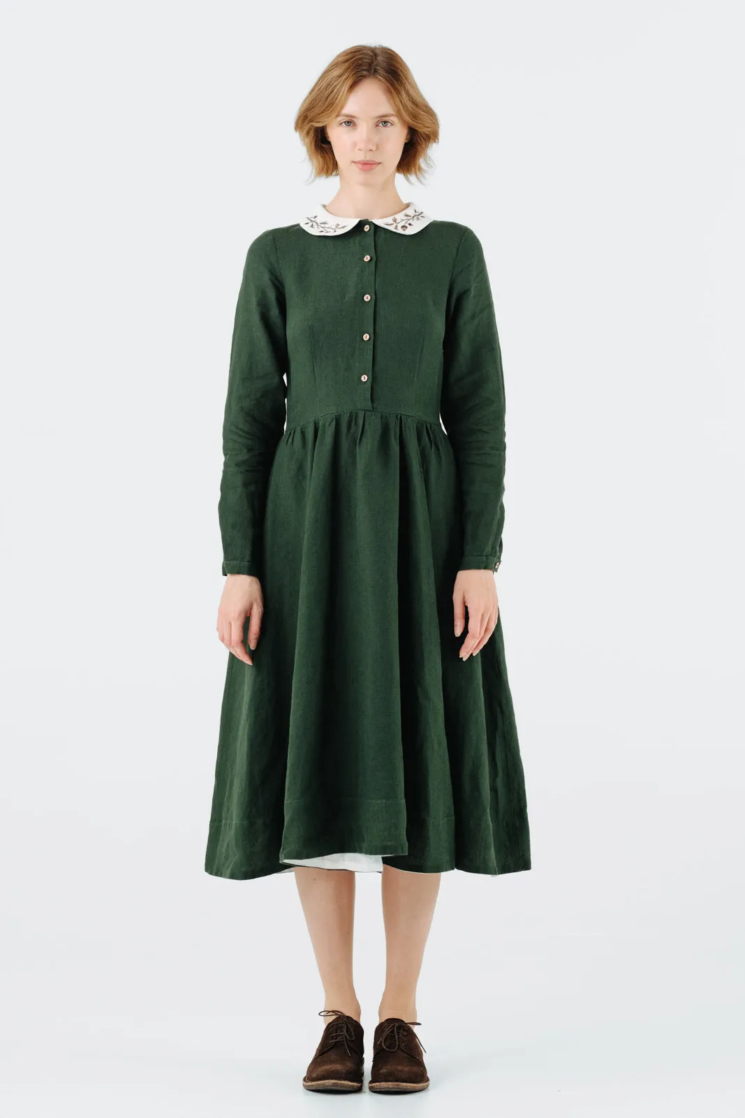 Classic Dress with Embroidered Hazelnut Collar, Long Sleeve