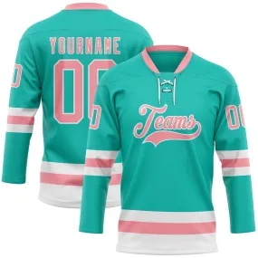 Custom Aqua Medium Pink-White Hockey Lace Neck Jersey