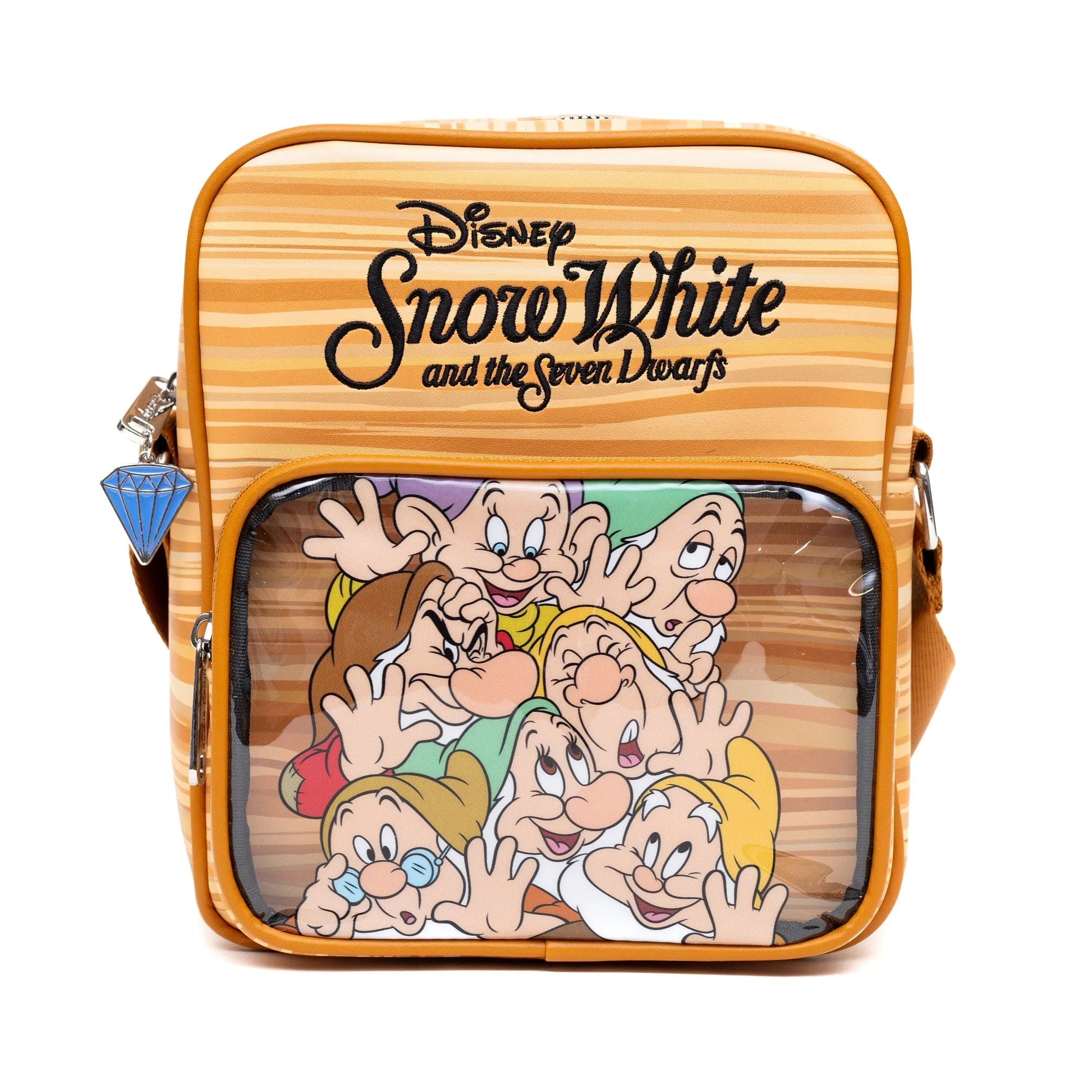 Disney Vegan Leather Cross Body Backpack with Adjustable Strap, Snow White and the Seven Dwarfs Face Smash Group Pose and Faux Wood Grain