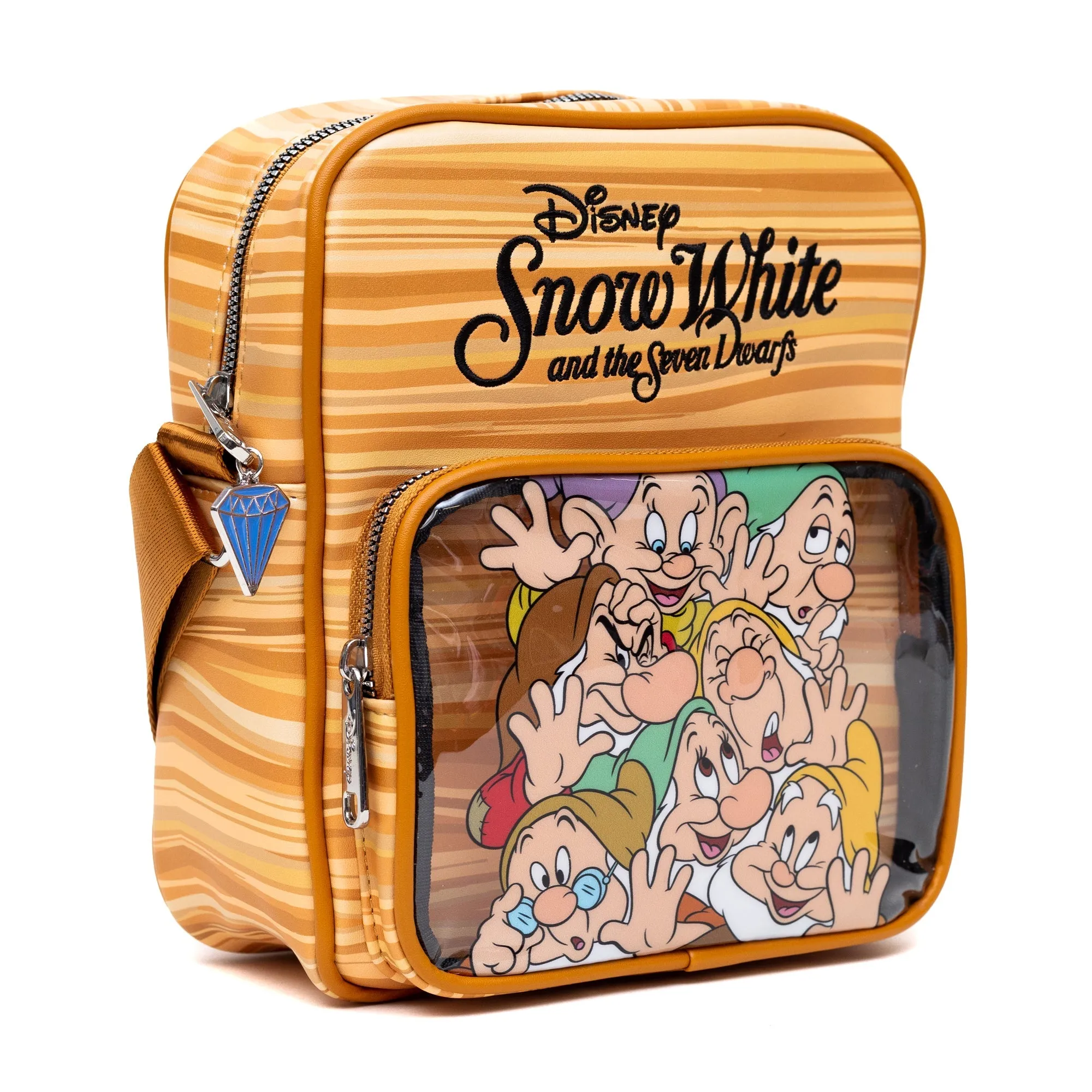 Disney Vegan Leather Cross Body Backpack with Adjustable Strap, Snow White and the Seven Dwarfs Face Smash Group Pose and Faux Wood Grain