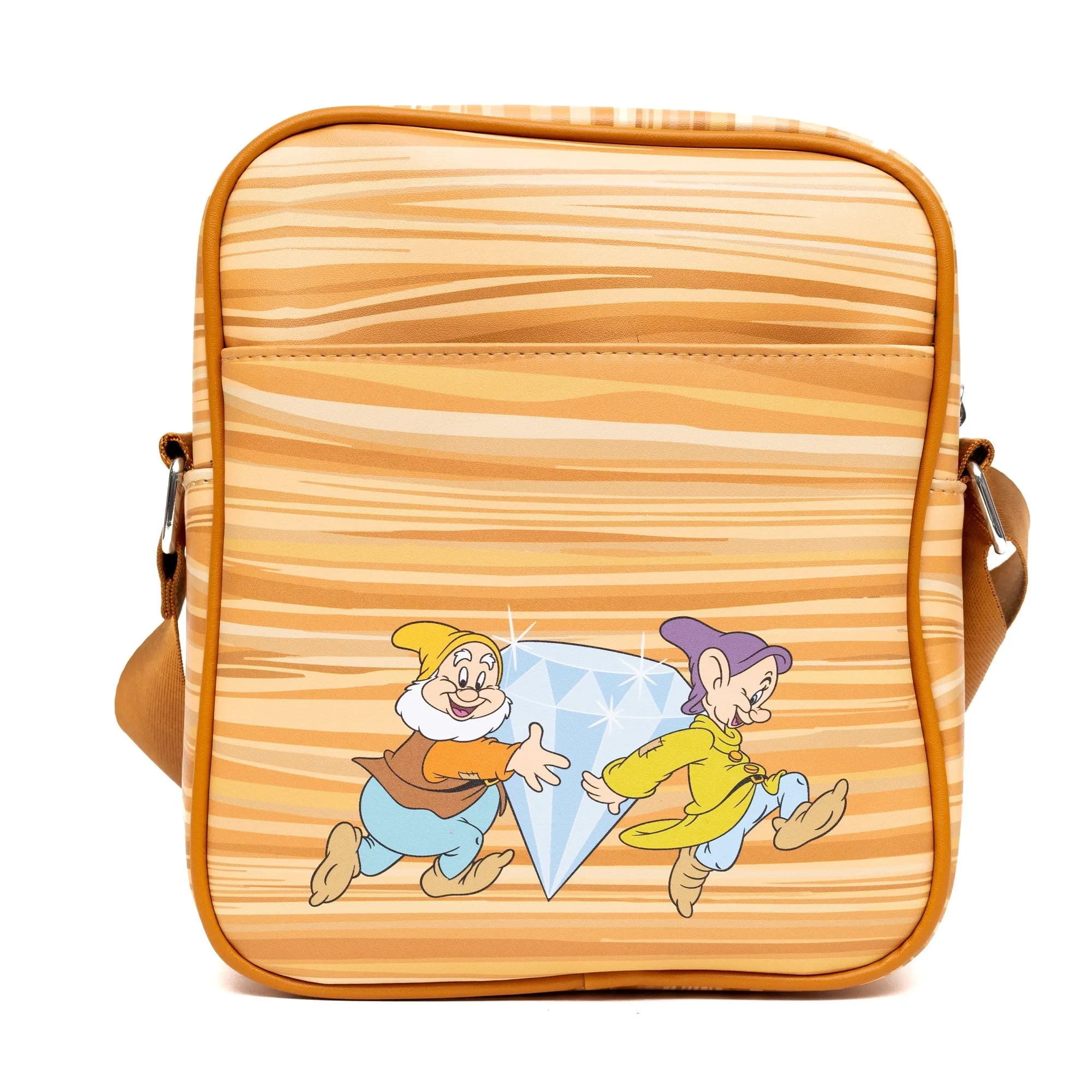 Disney Vegan Leather Cross Body Backpack with Adjustable Strap, Snow White and the Seven Dwarfs Face Smash Group Pose and Faux Wood Grain