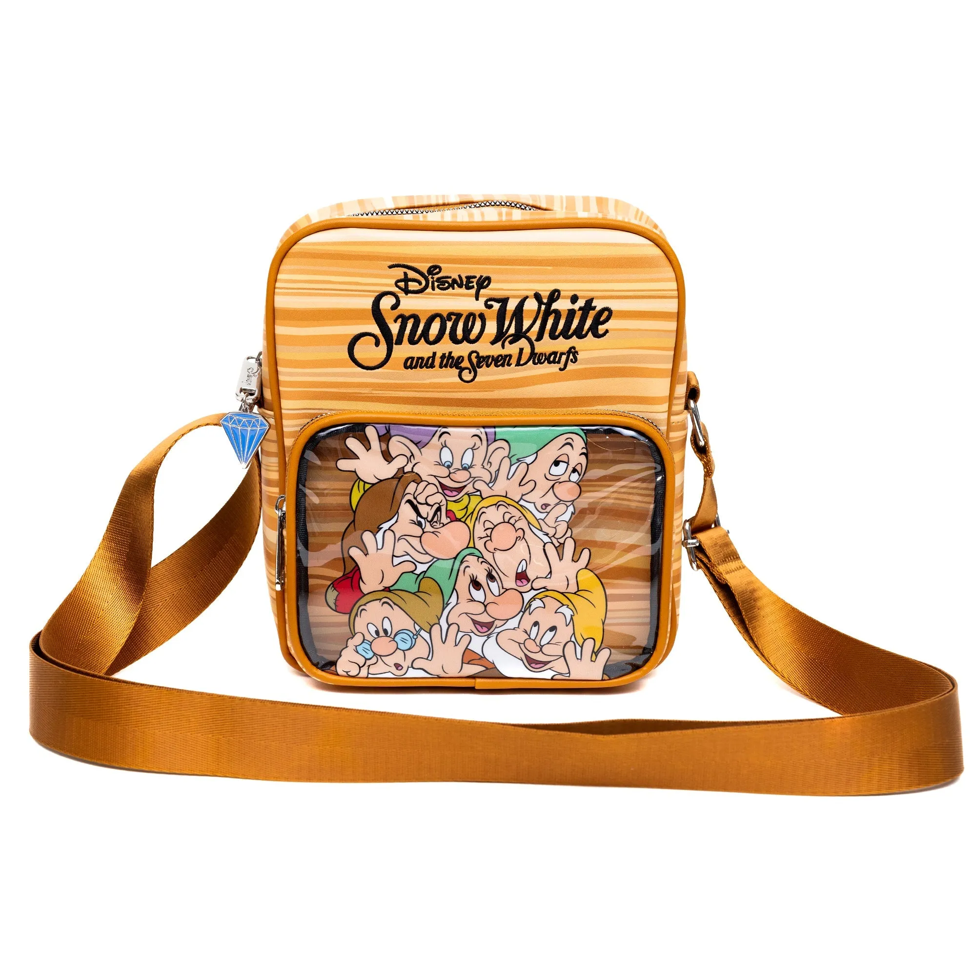 Disney Vegan Leather Cross Body Backpack with Adjustable Strap, Snow White and the Seven Dwarfs Face Smash Group Pose and Faux Wood Grain