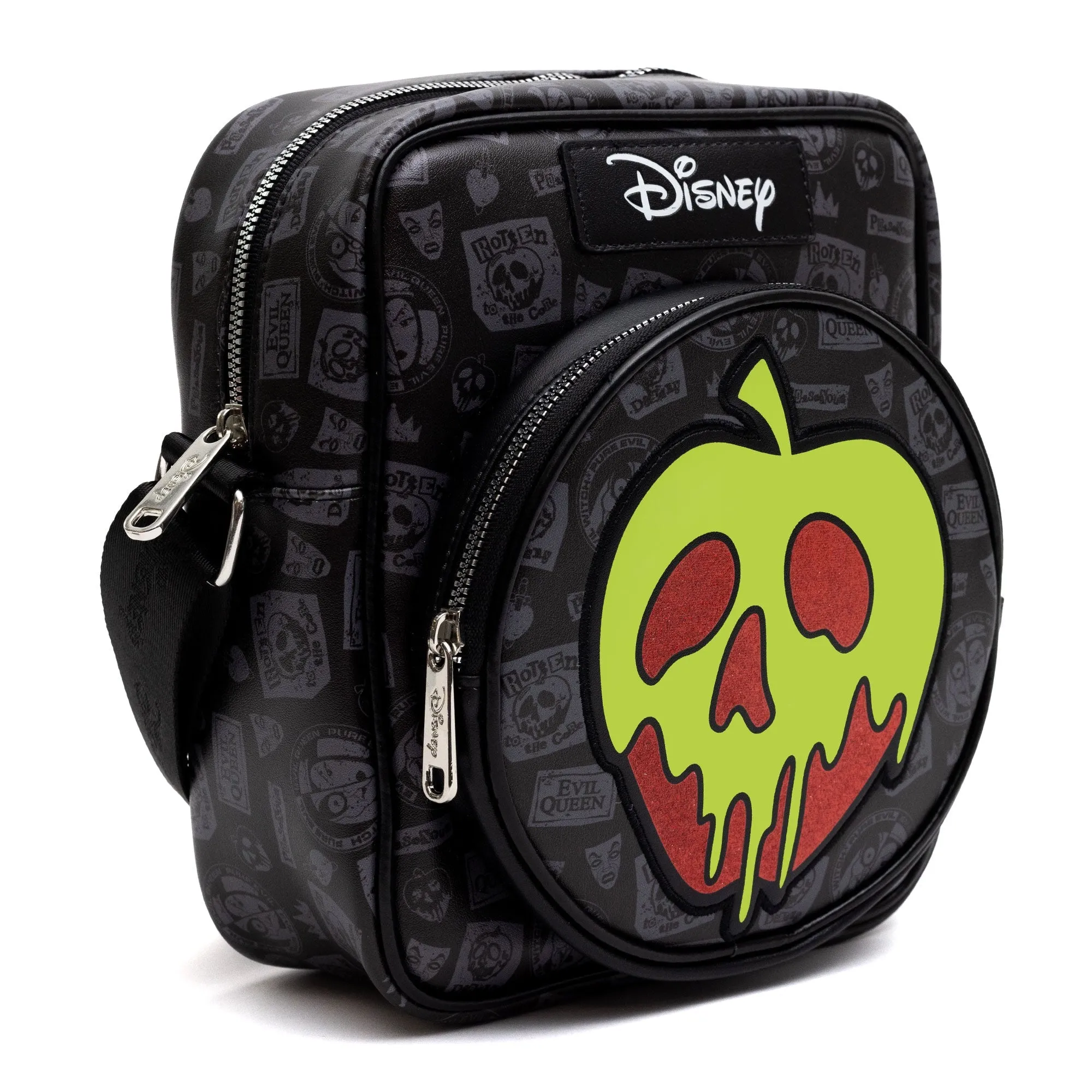 Disney Vegan Leather Crossbody Bag with Front and Back Zip Pocket, Snow White Evil Queen Glow in the Dark Apple and Icons Black, 8.5" x 10.0"