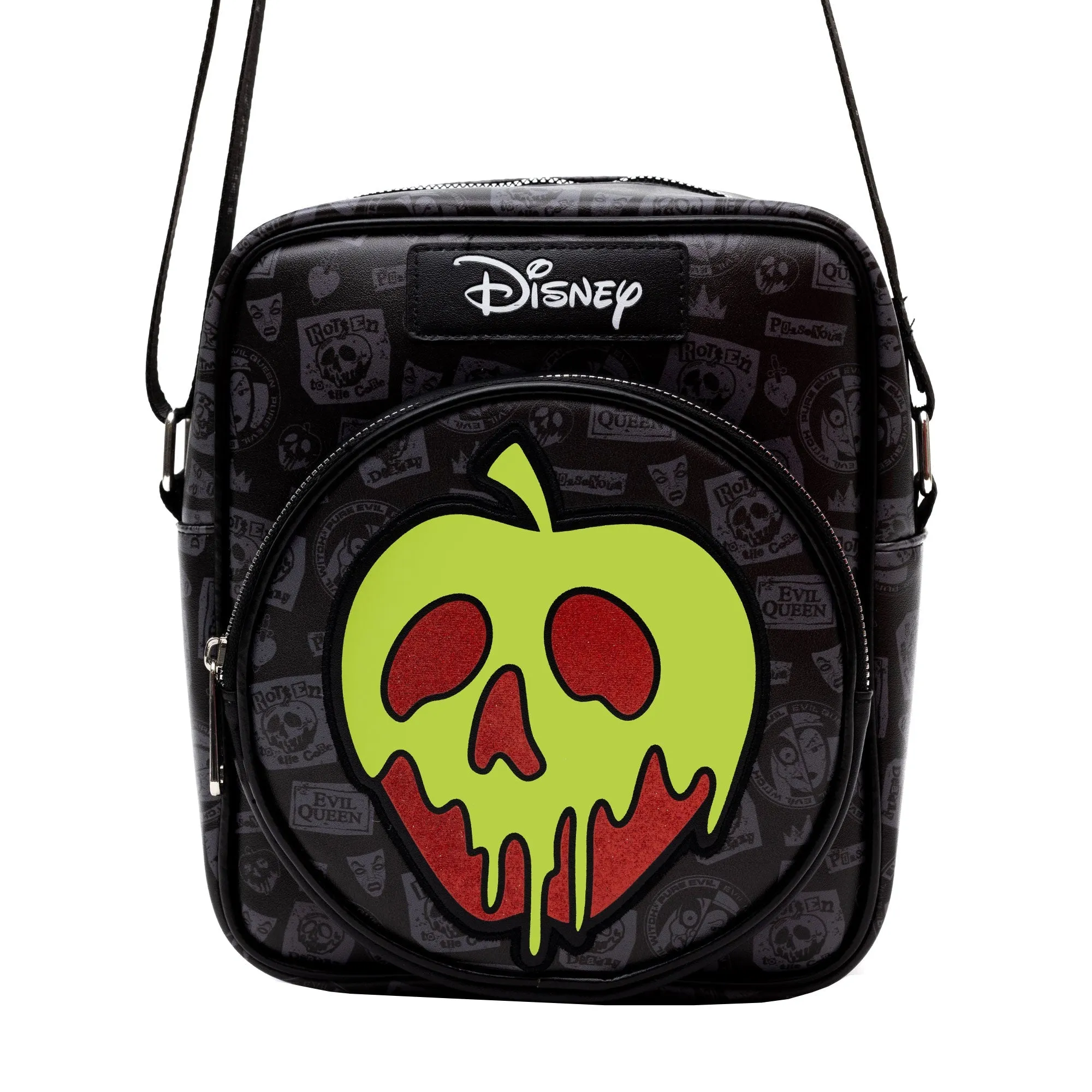 Disney Vegan Leather Crossbody Bag with Front and Back Zip Pocket, Snow White Evil Queen Glow in the Dark Apple and Icons Black, 8.5" x 10.0"