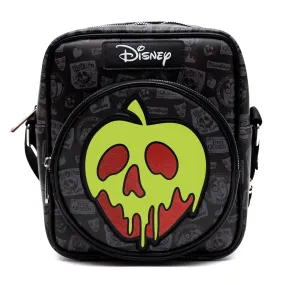 Disney Vegan Leather Crossbody Bag with Front and Back Zip Pocket, Snow White Evil Queen Glow in the Dark Apple and Icons Black, 8.5" x 10.0"