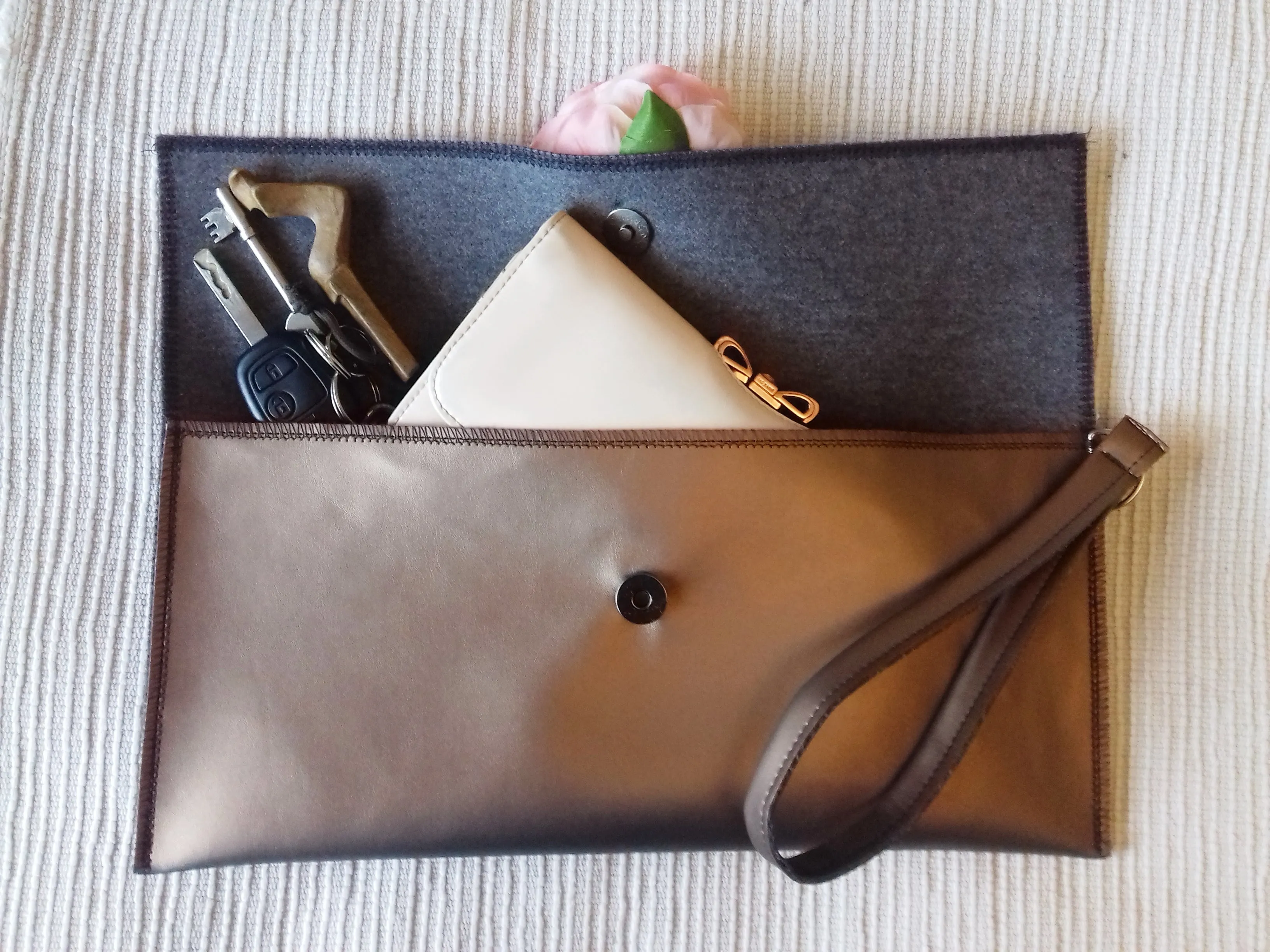 Faux Leather Clutch Bronze Pink Flower Hand Bag