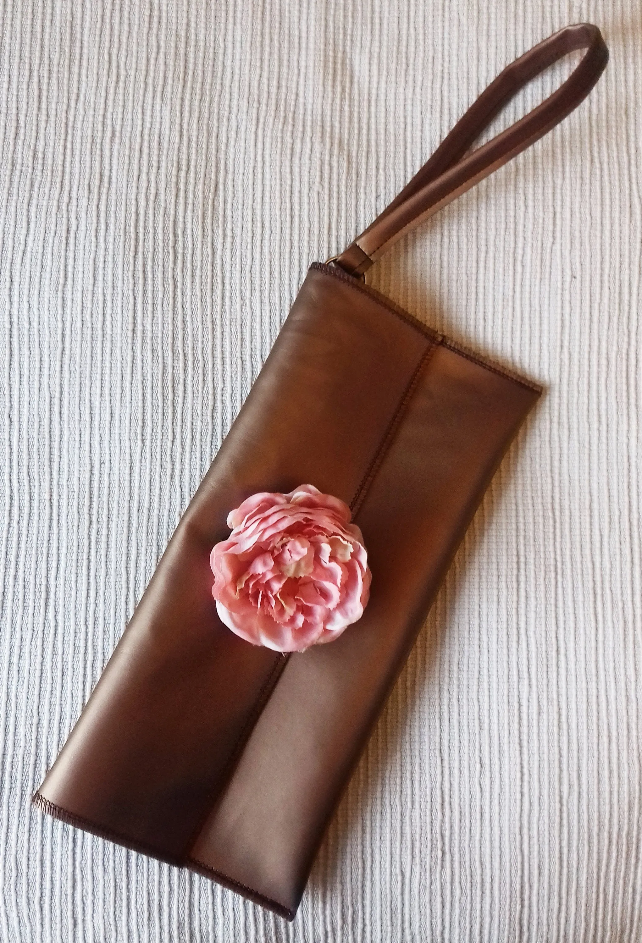 Faux Leather Clutch Bronze Pink Flower Hand Bag