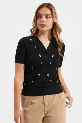 Floral Embroidered Button Down Cable Knit Tee