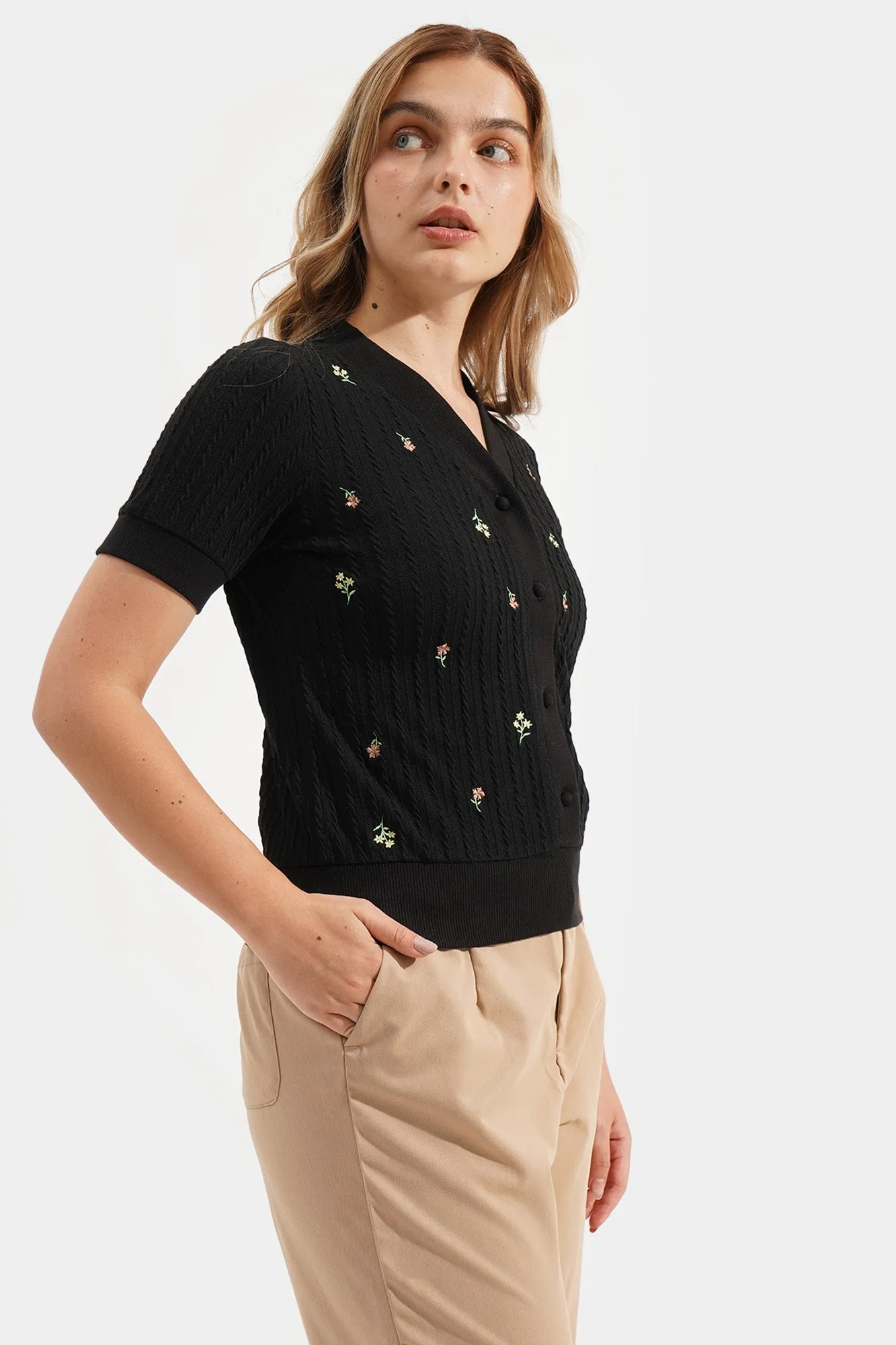 Floral Embroidered Button Down Cable Knit Tee