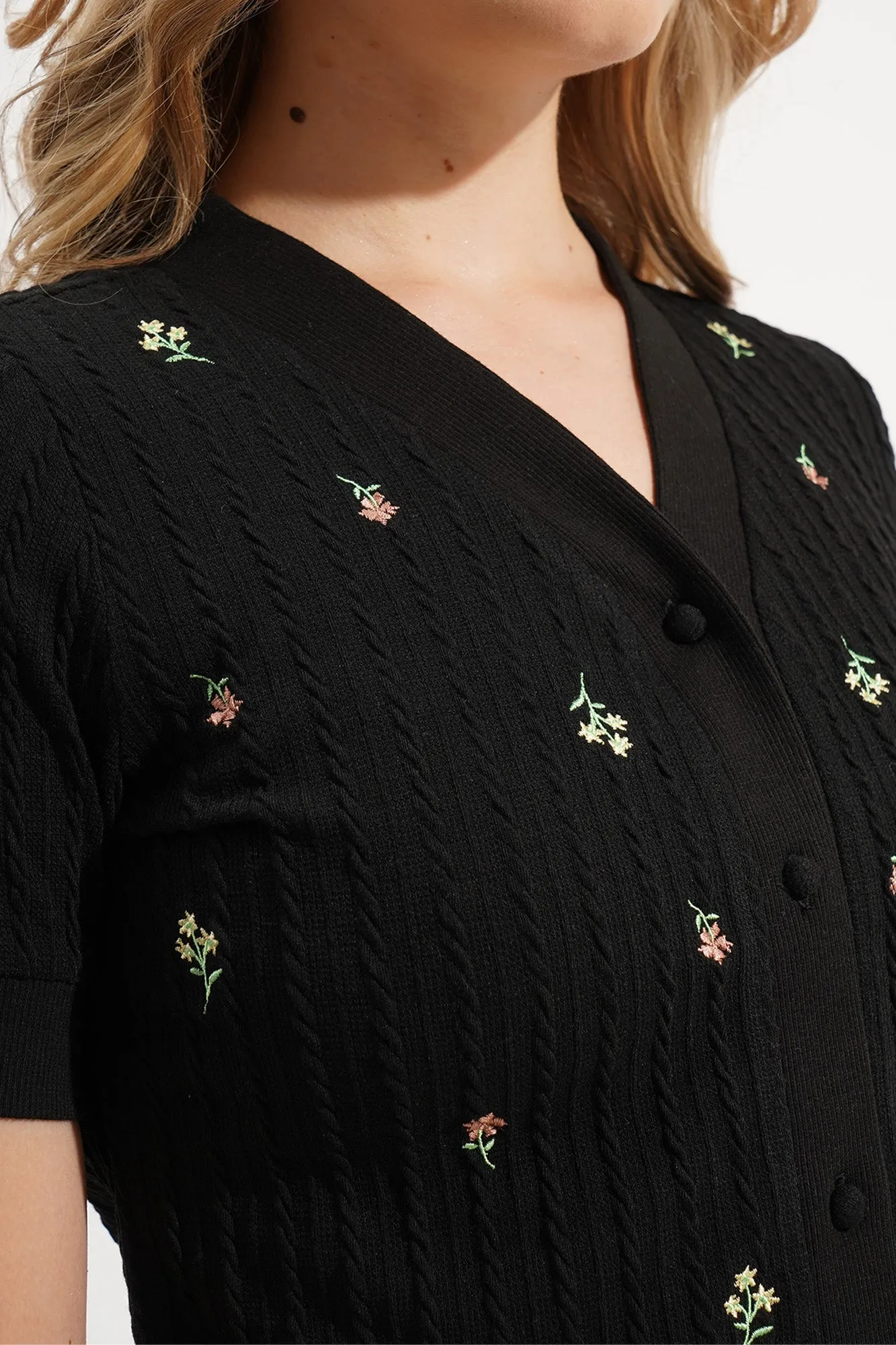 Floral Embroidered Button Down Cable Knit Tee