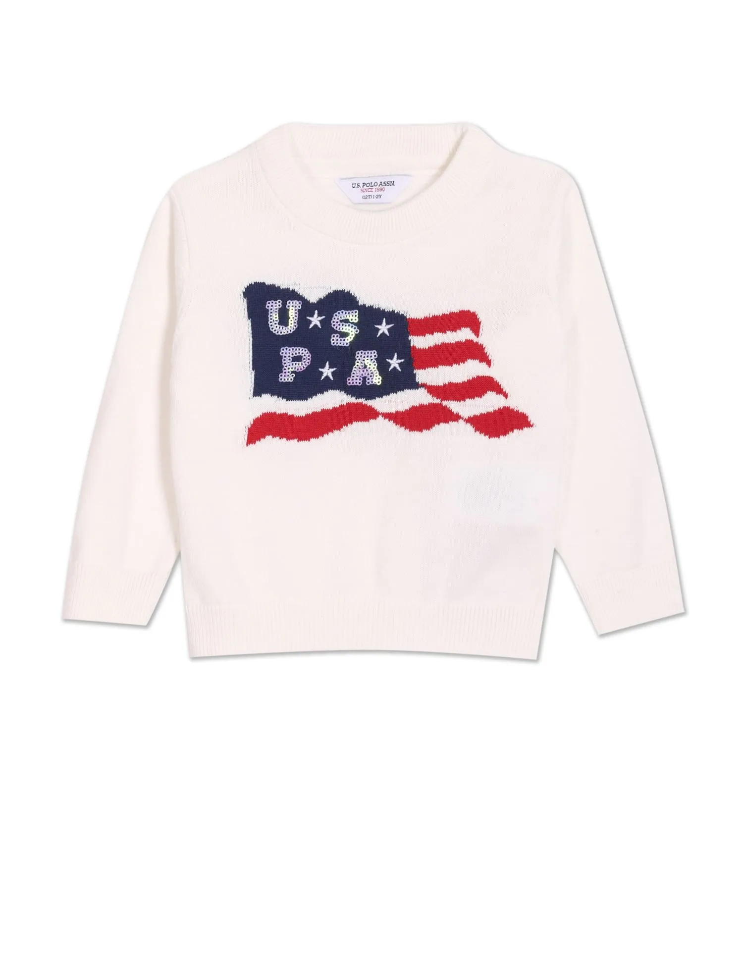 Girls Crew Neck Patterned Knit Cotton Sweater