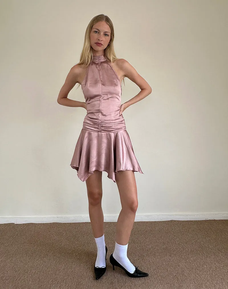 Hydri Satin Halterneck Mini Dress in Baby Pink