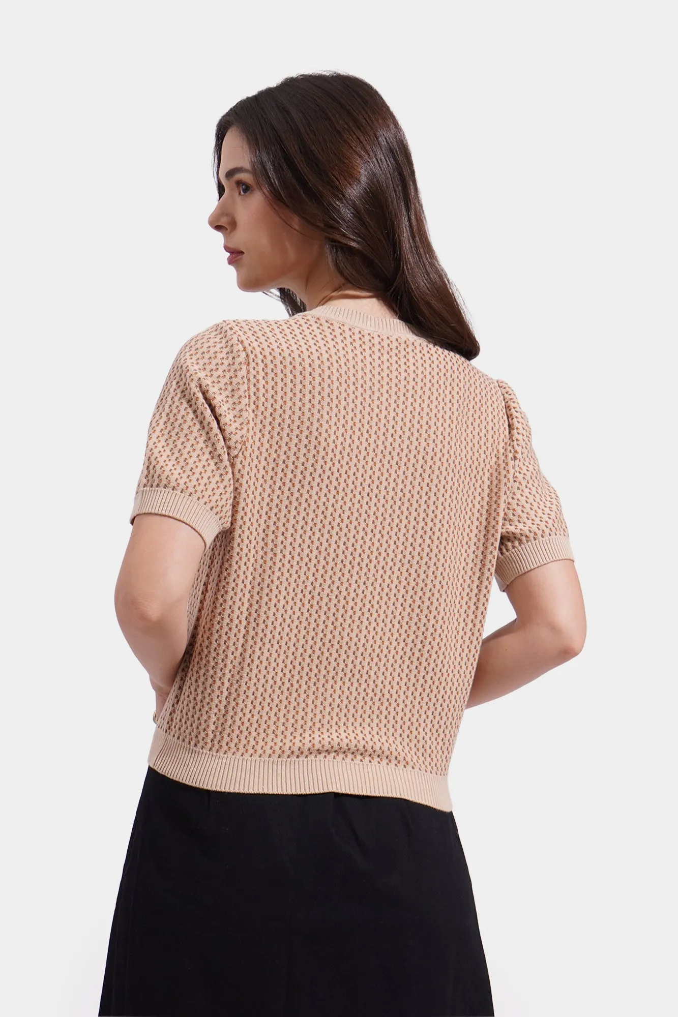 Jacquard V-Neck Flat Knit Tee