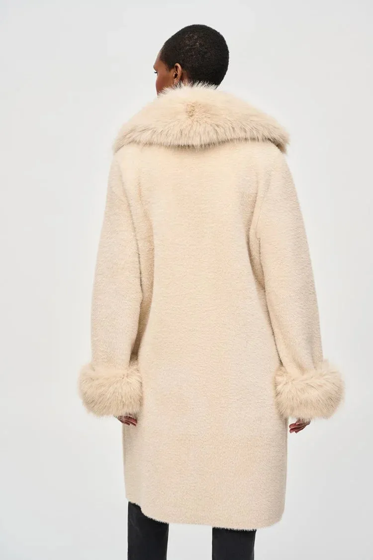 Joseph Ribkoff Champagne Feather Yarn and Faux Fur Sweater Coat