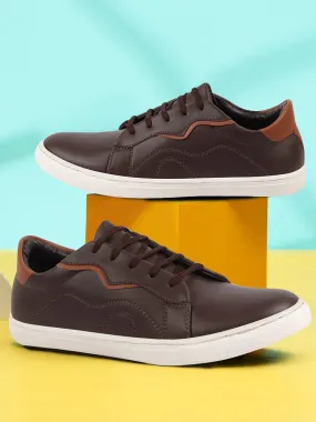 Men Brown Classic Lace Up Elevated Look Sneaker Shoes with Contrast Sole|Low Ankle|Casual Shoe