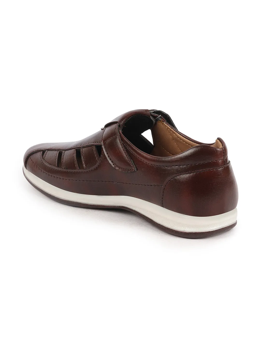 Men Brown Laser Cut Design Day Long Comfort Hook and Loop Casual Sandals