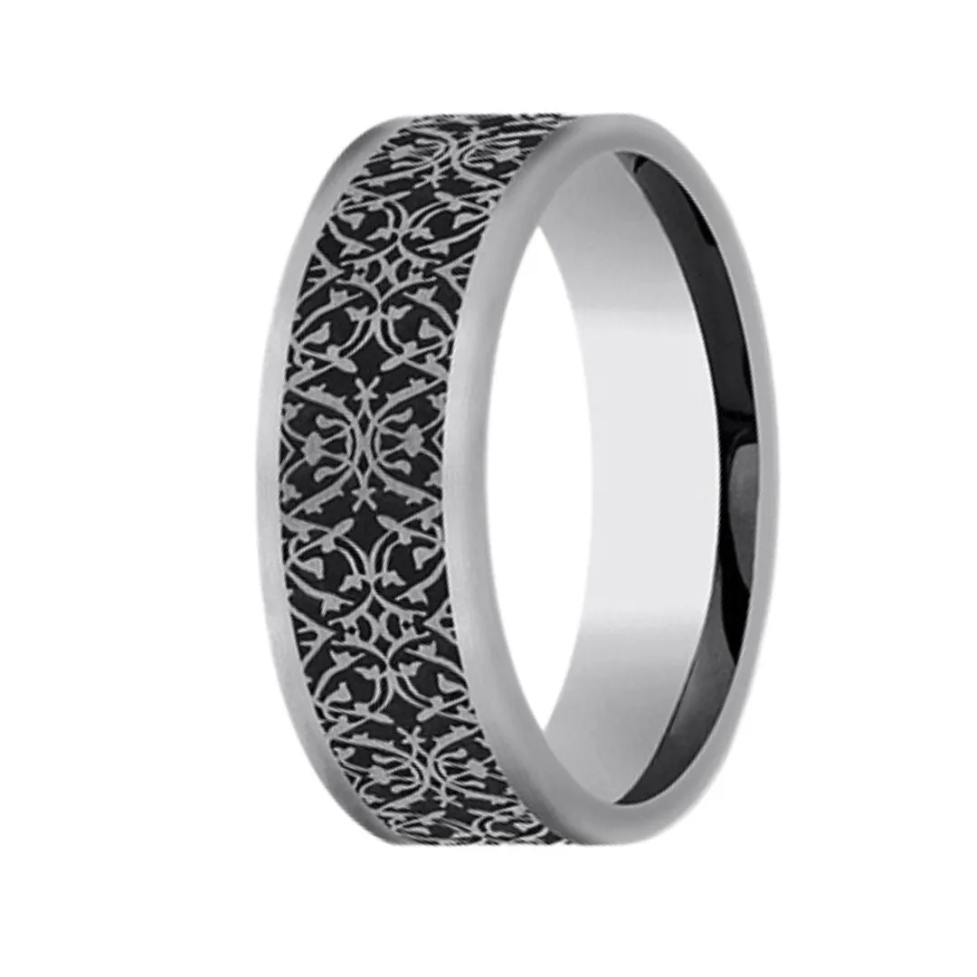 Men's Ottoman Tile Patterned Flat Profile Tungsten Ring - 7mm