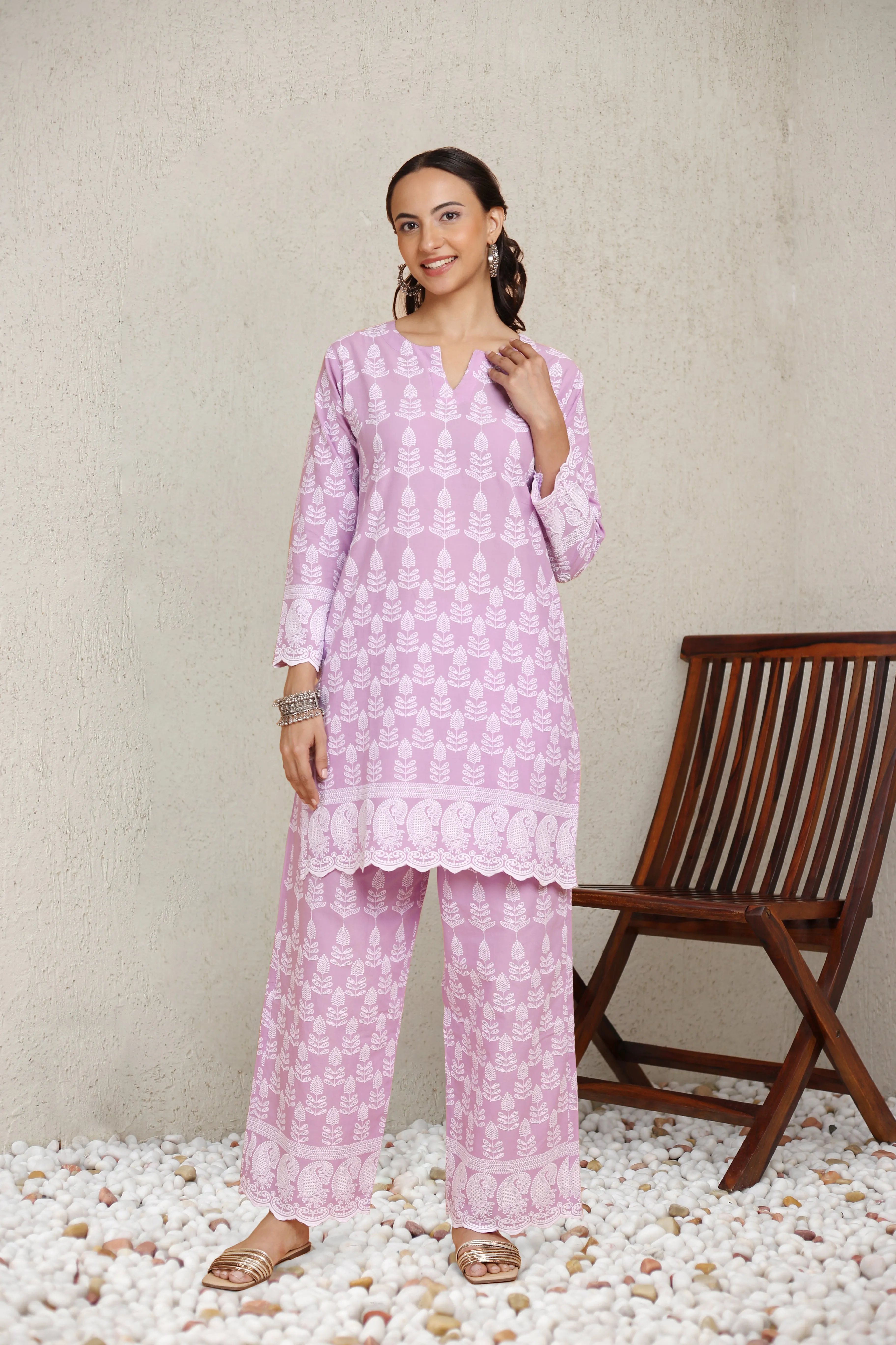 Saba Chikankari Kurta Set in Cotton - Lavender