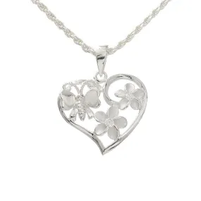 Sterling Silver 2 Plumeria with CZ and Butterfly in Heart Pendant (Chain Sold Separately)