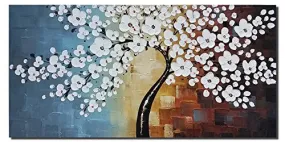 WIECO ART - BLOOMING LIFE EXTRA LARGE MODERN STRETCHED AND FRAMED WHITE FLOWERS ARTWORK 100% HAND PAINTED FLORAL OIL PAINTINGS ON CANVAS WALL ART FOR LIVING ROOM BEDROOM HOME DECORATIONS 48X24INCH