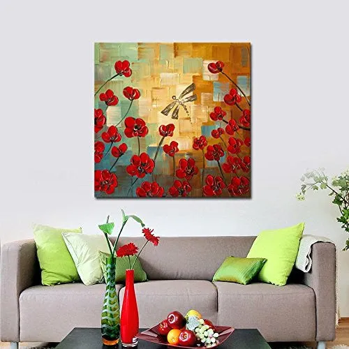 WIECO ART - DRAGONFLY EXTRA LARGE MODERN FLOWERS ARTWORK 100% HAND PAINTED GALLERY WRAPPED FLORAL OIL PAINTINGS ON CANVAS WALL ART READY TO HANG FOR LIVING ROOM HOME DECOR OFFICE DECORATIONS XL