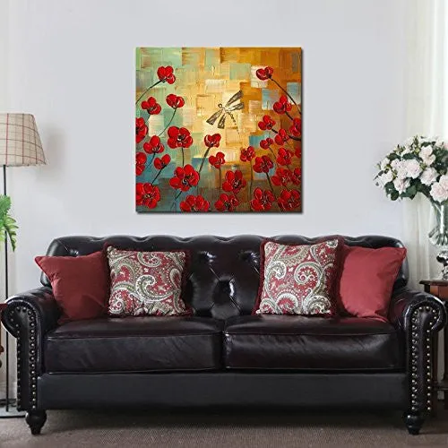 WIECO ART - DRAGONFLY EXTRA LARGE MODERN FLOWERS ARTWORK 100% HAND PAINTED GALLERY WRAPPED FLORAL OIL PAINTINGS ON CANVAS WALL ART READY TO HANG FOR LIVING ROOM HOME DECOR OFFICE DECORATIONS XL