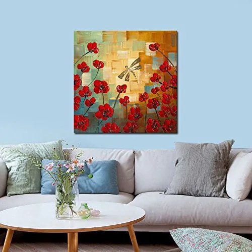 WIECO ART - DRAGONFLY EXTRA LARGE MODERN FLOWERS ARTWORK 100% HAND PAINTED GALLERY WRAPPED FLORAL OIL PAINTINGS ON CANVAS WALL ART READY TO HANG FOR LIVING ROOM HOME DECOR OFFICE DECORATIONS XL