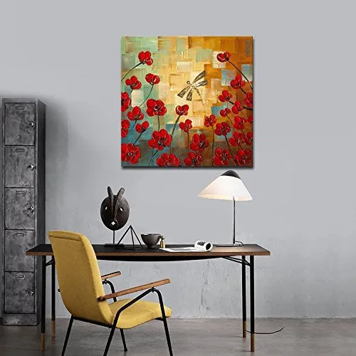 WIECO ART - DRAGONFLY EXTRA LARGE MODERN FLOWERS ARTWORK 100% HAND PAINTED GALLERY WRAPPED FLORAL OIL PAINTINGS ON CANVAS WALL ART READY TO HANG FOR LIVING ROOM HOME DECOR OFFICE DECORATIONS XL